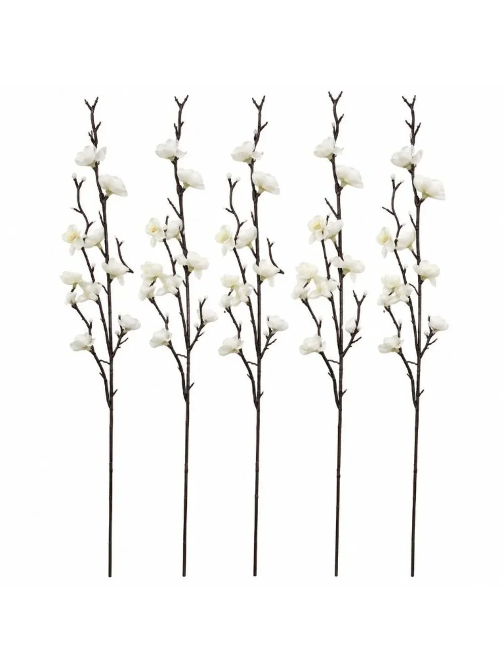 White Cherry Blossom Stems Set of 5, 22 Inch Artificial Flowers, Faux Sakura Bra